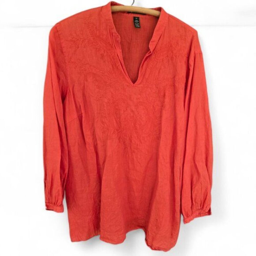 Lauren Ralph Lauren Womens 3X Embroidered Linen Tunic Top Long Sleeve Split Neck - Picture 1 of 7